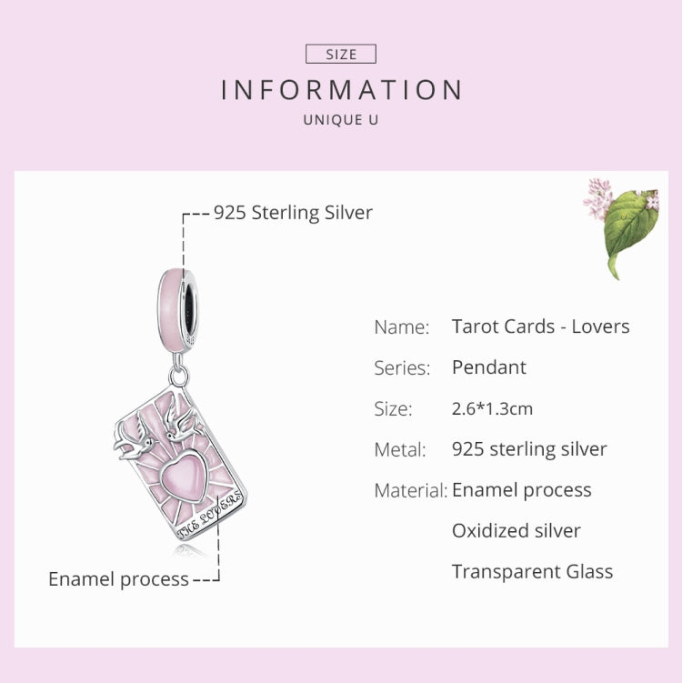 Sterling silver tarot card charm with heart and pink enamel, small pendant with S925 ring