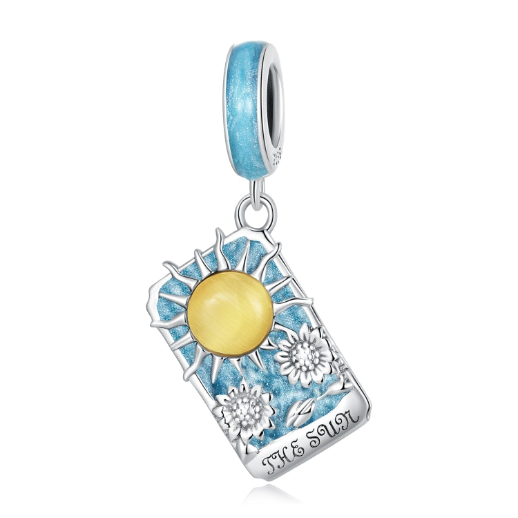 Sterling silver tarot card sun charm pendant with blue enamel and yellow sun center