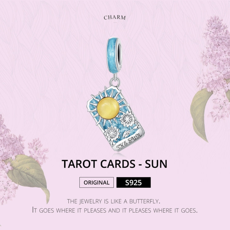 Sterling silver tarot card sun charm pendant with blue enamel border and yellow sun disk