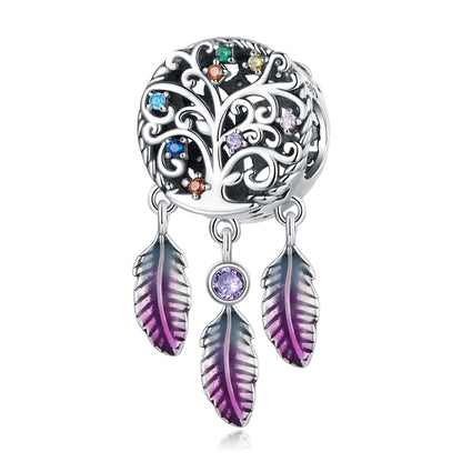 Sterling silver dreamcatcher bead charm with purple and blue enamel stones and dangling feathers.