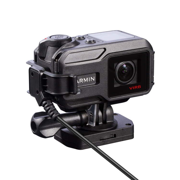 Camera with charging cable connected, black body and device connector on front