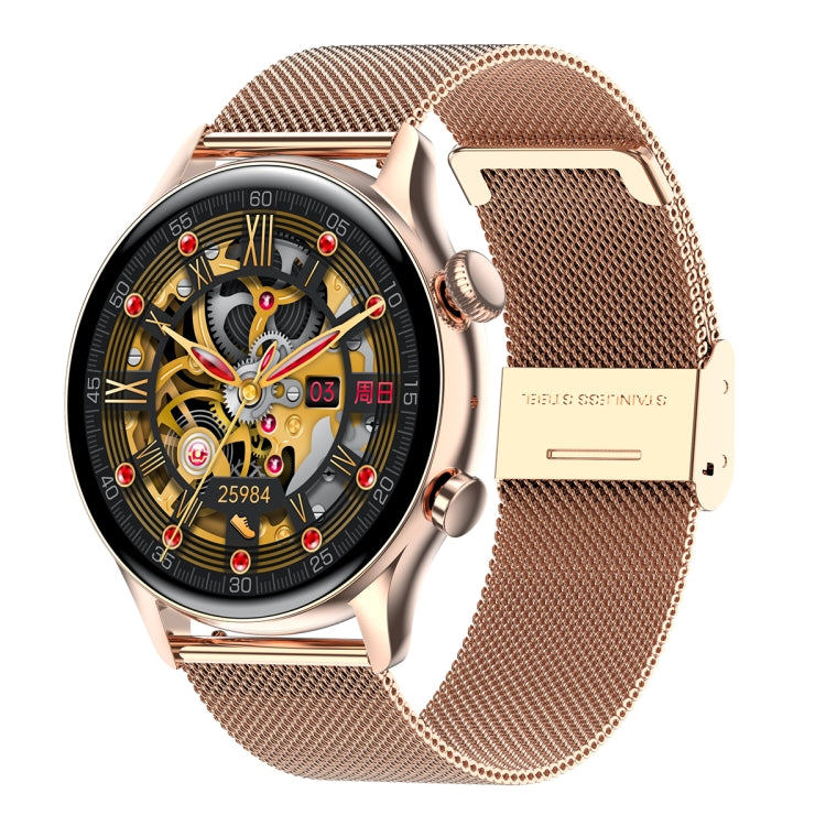 Rose gold smart watch with metal mesh strap and round smartwatch AMOLED screen