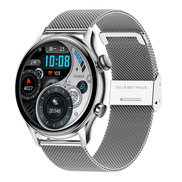 Silver-toned metal mesh strap smart watch with circular AMOLED display and side crown