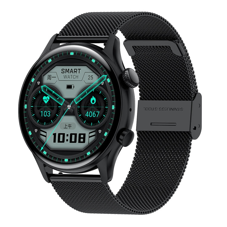 Black mesh strap smart watch with round AMOLED display and teal fitness graphics