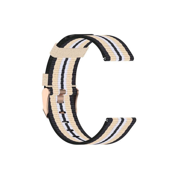 Black nylon canvas watch strap with beige and white stripe weave and metal buckle