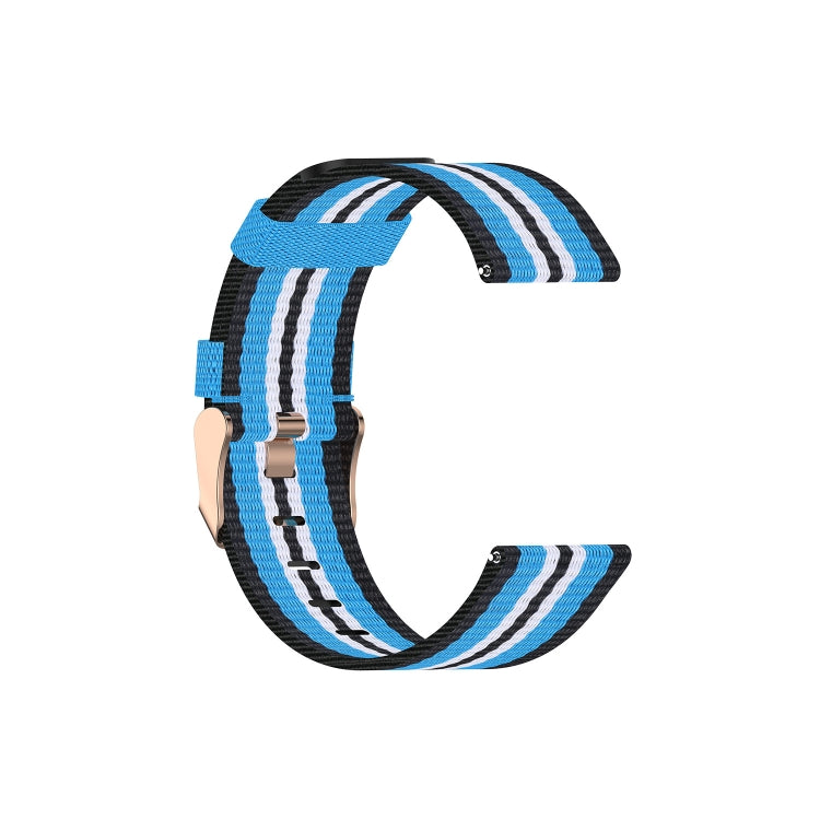 Nylon canvas smartwatch strap with blue, white, and black stripes and metal buckle