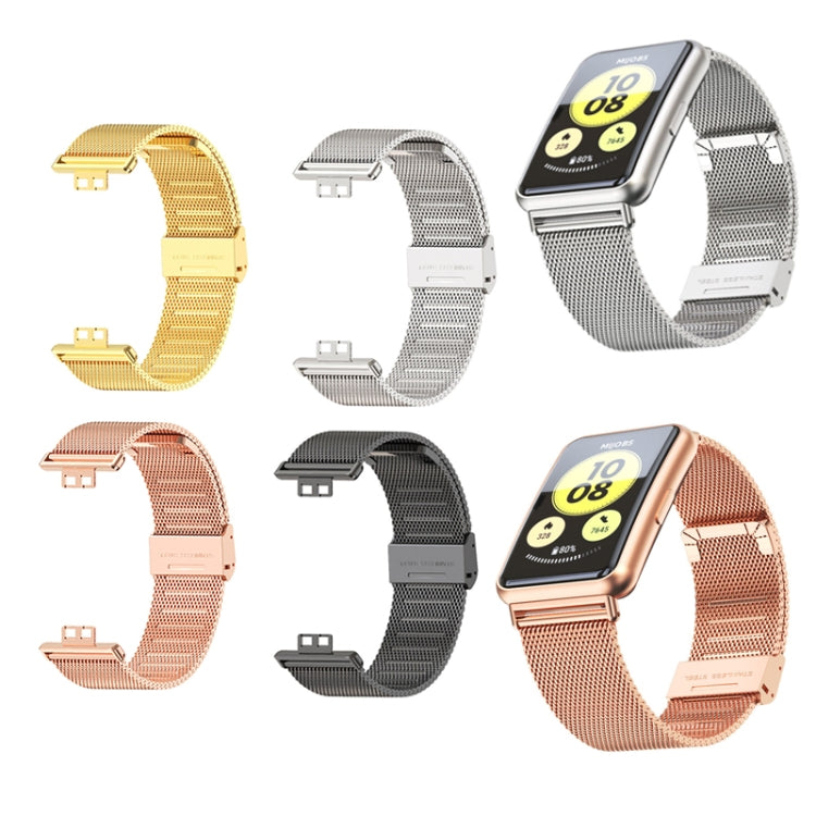 Stainless steel mesh watch bands in multiple colors, each with buckle clasp.
