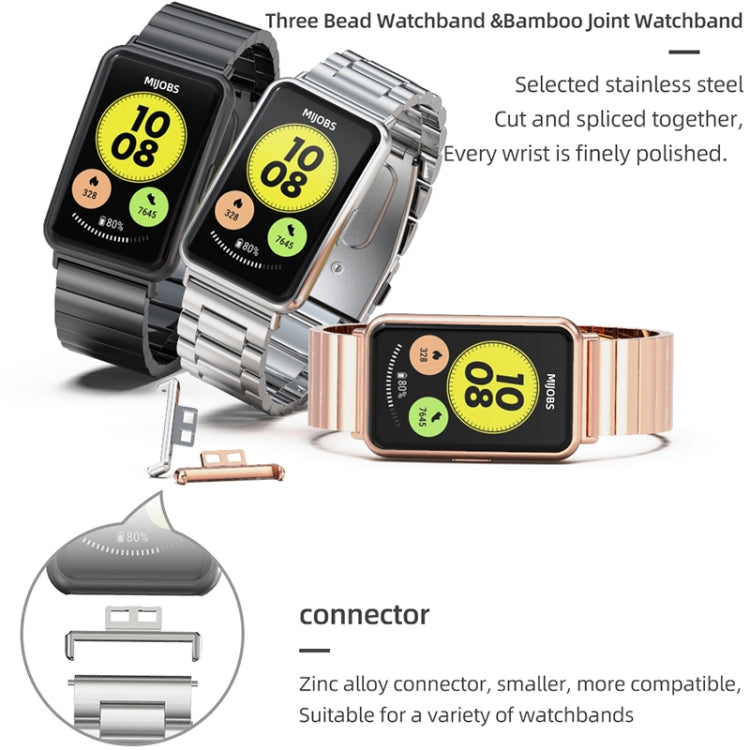 Stainless steel watch bands with metal connector and buckle clasp in assorted finishes.