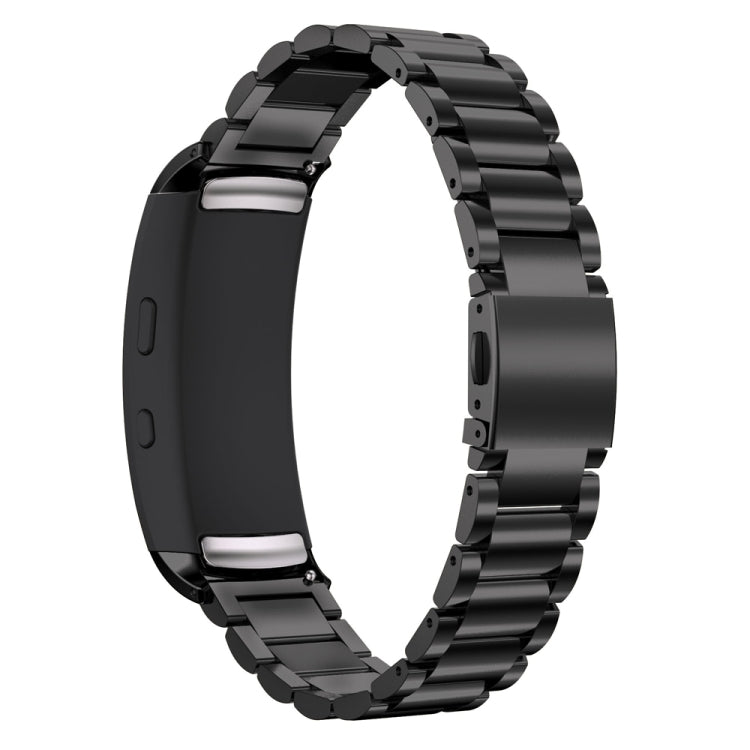 Black metal watch strap with three-pearl link design, side view