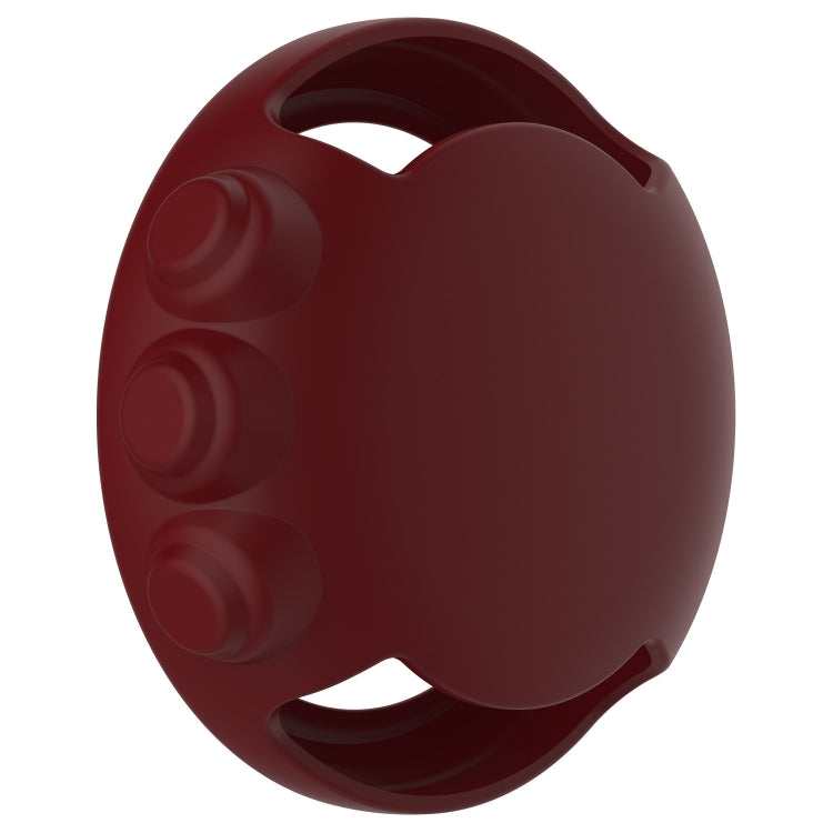 Maroon silicone watch case cover with button and strap cutouts, embossed icons