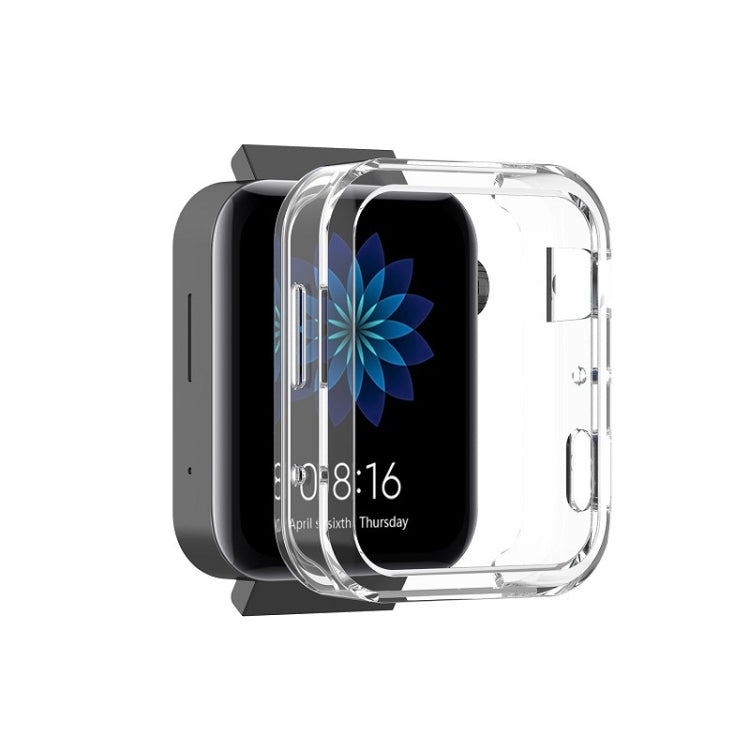 Transparent TPU protective smartwatch case with raised edges and cutouts, clear design.