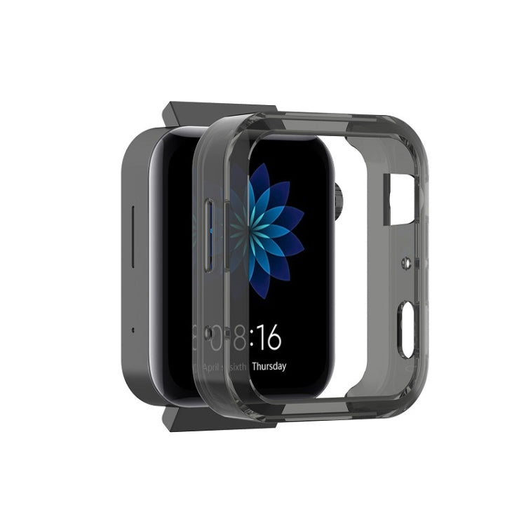 Transparent black TPU protective smartwatch case with raised edges and cutouts.