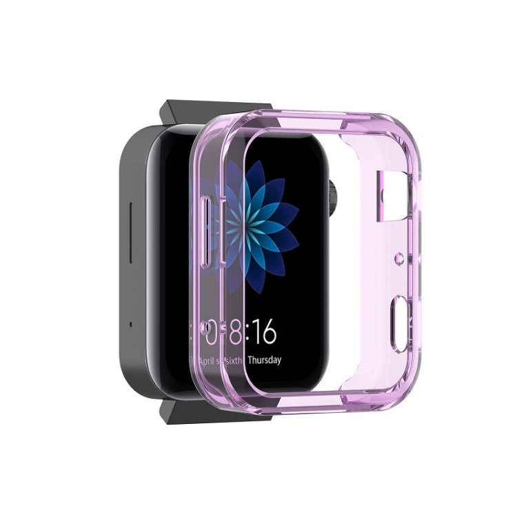 Transparent purple TPU protective smartwatch case with raised edges and cutouts.