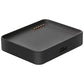 Black watch charger dock with USB port and gold pin contacts.