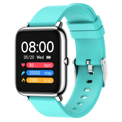 1.4-inch IPS smartwatch with turquoise silicone strap, black screen with heart and steps
