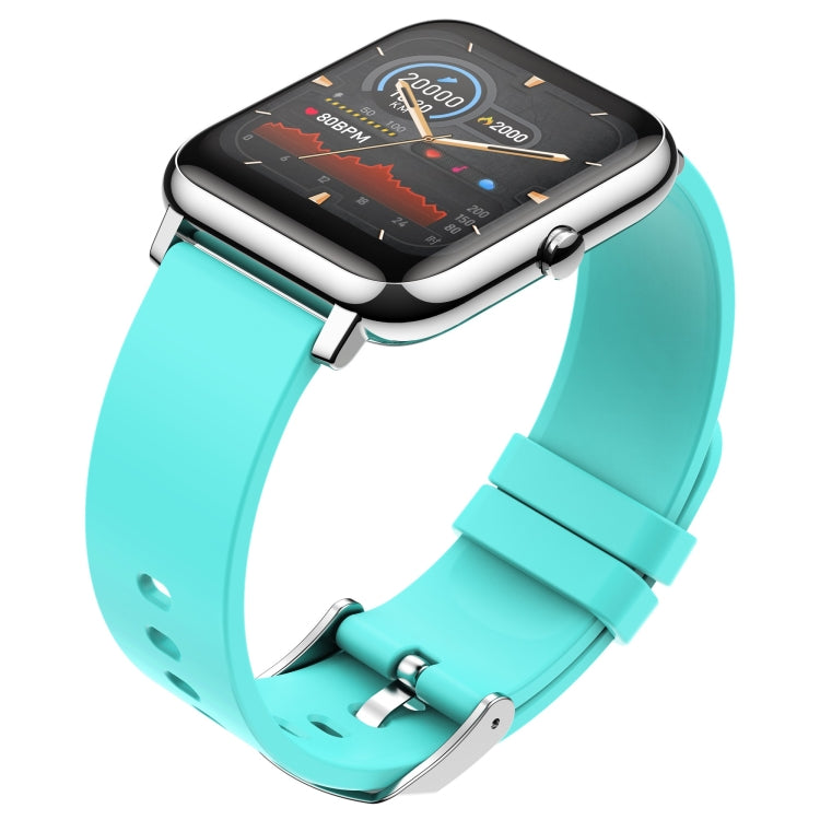 1.4-inch IPS smartwatch with teal silicone strap, black screen with fitness chart