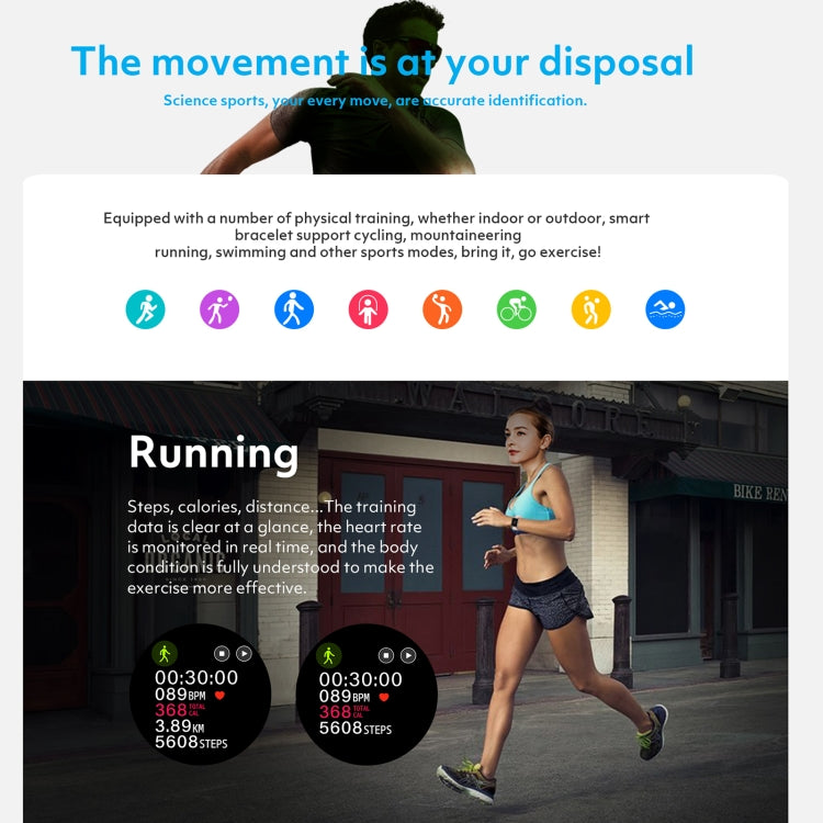1.4-inch IPS smartwatch with black screen and running stats graphic