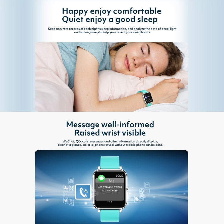 1.4-inch IPS smartwatch with teal silicone strap, sleep tracking graphic on display