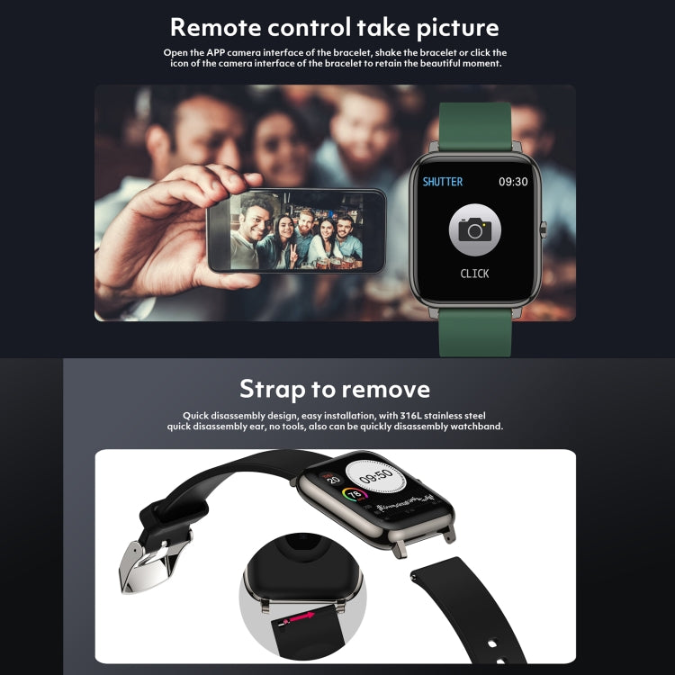 1.4-inch IPS smartwatch with green silicone strap, camera remote control graphic