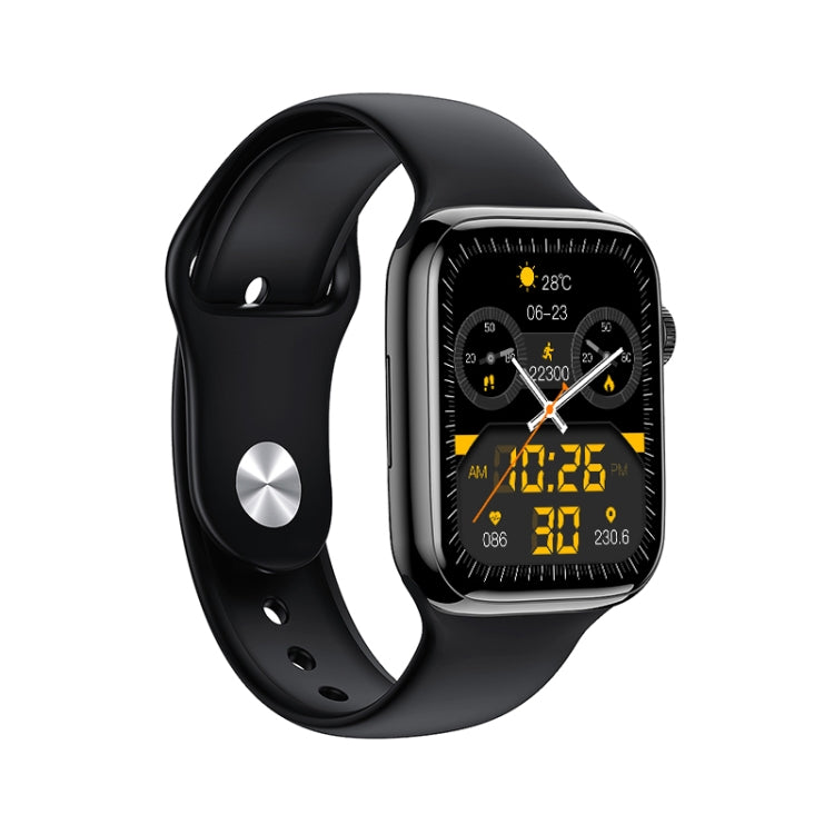 Black smartwatch with colorful fitness display on front screen and rounded dial