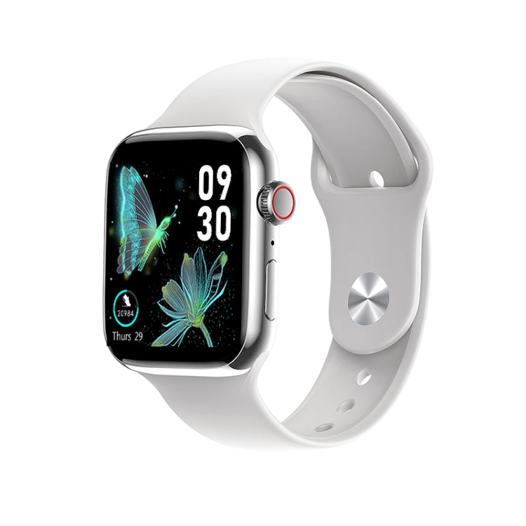White smartwatch with butterfly-themed screen and rounded side crown button