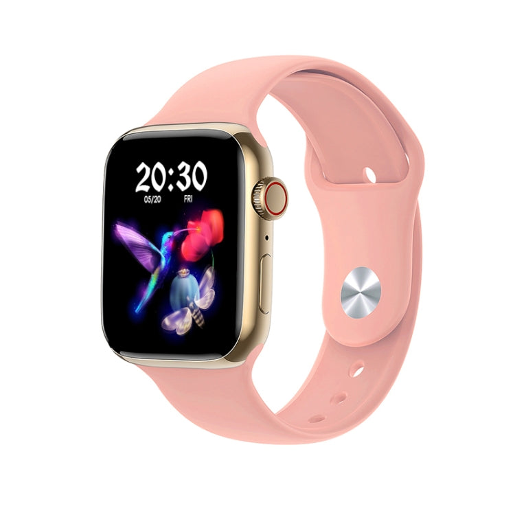 Pink smartwatch with square touchscreen and heart-themed display