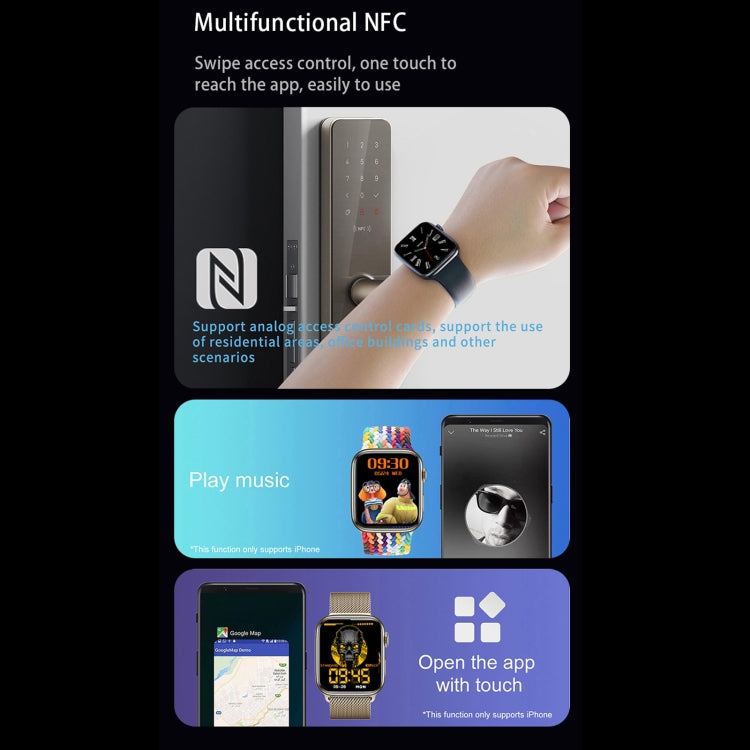 Multifunction smartwatch shown with NFC and app feature panels on display