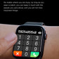 Black smartwatch held on wrist with keypad-style screen and call icons
