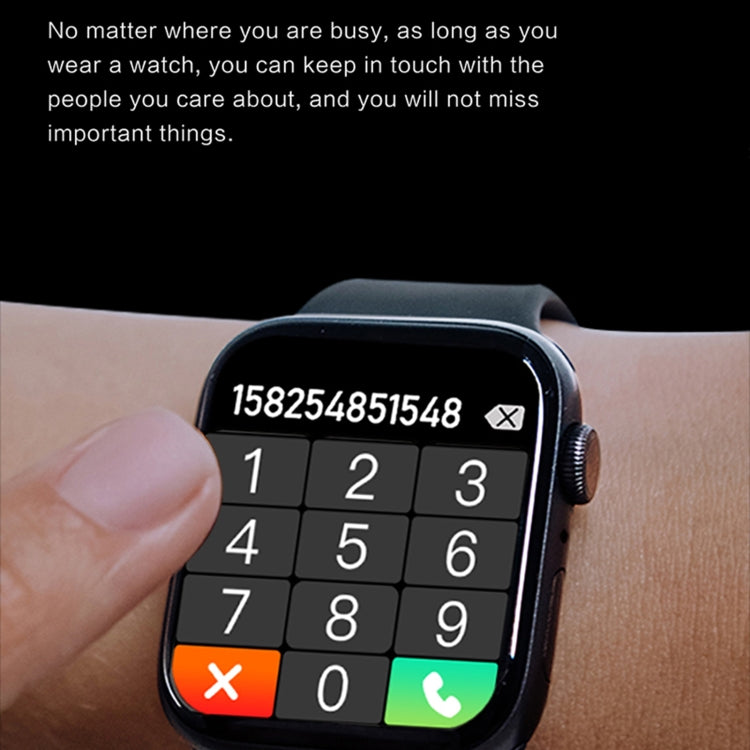 Black smartwatch held on wrist with keypad-style screen and call icons