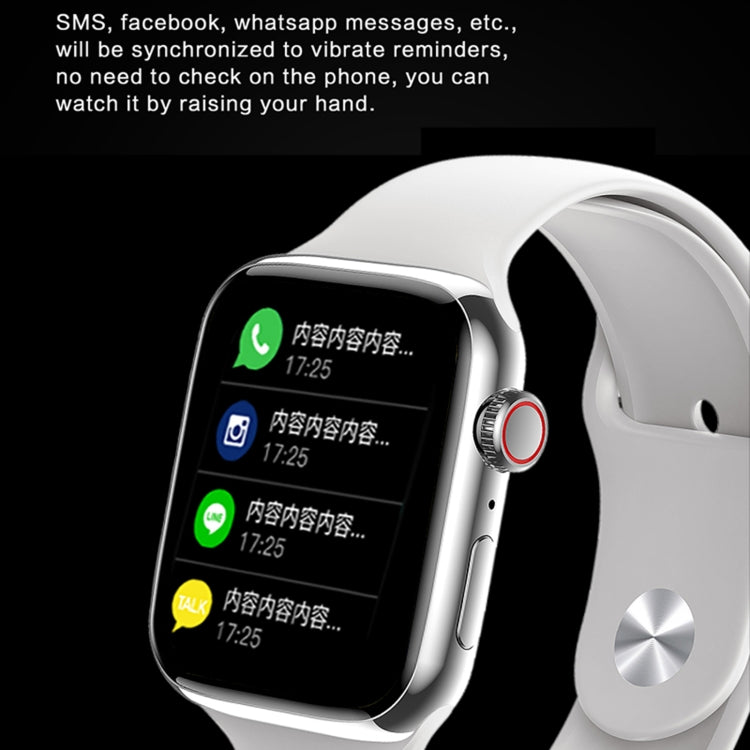 White smartwatch with message icons on screen and metal-look side button