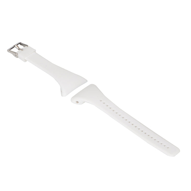 White silicone strap with metal buckle end and row of adjustment holes