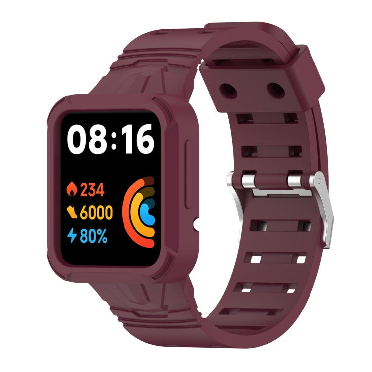 Burgundy silicone smartwatch band with integrated strap and metal buckle.