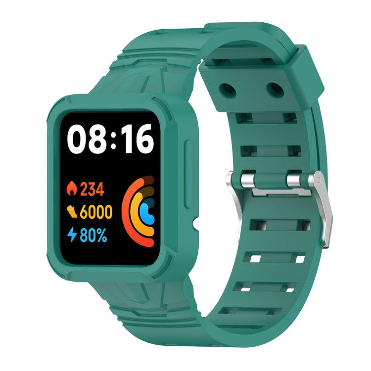 Green silicone smartwatch band with integrated strap and metal buckle.