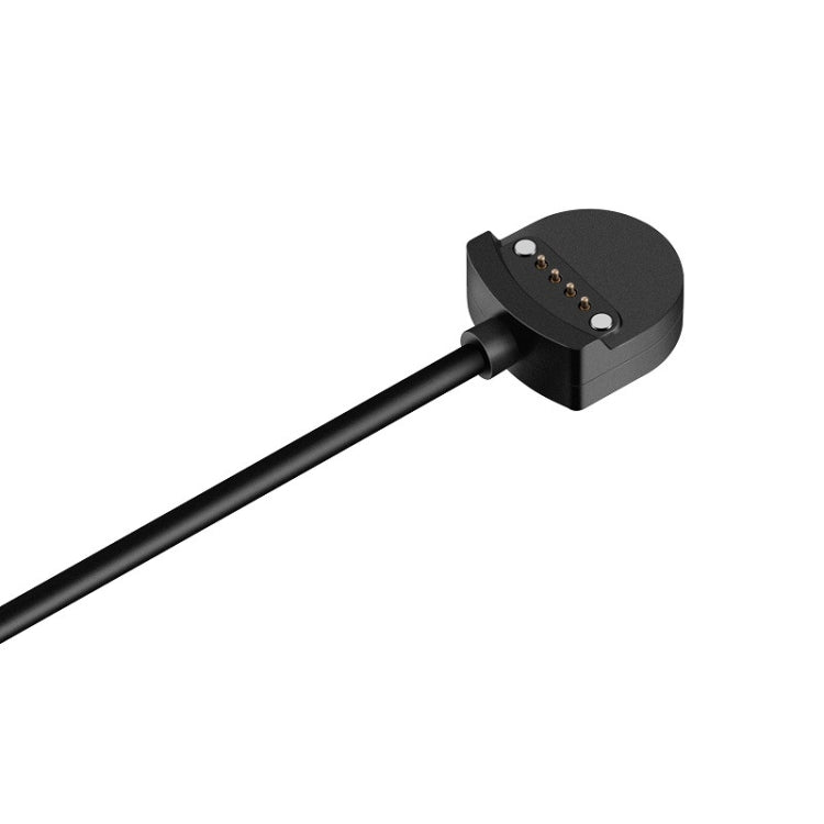 Circular magnetic charging base with multi-pin connector on black cable