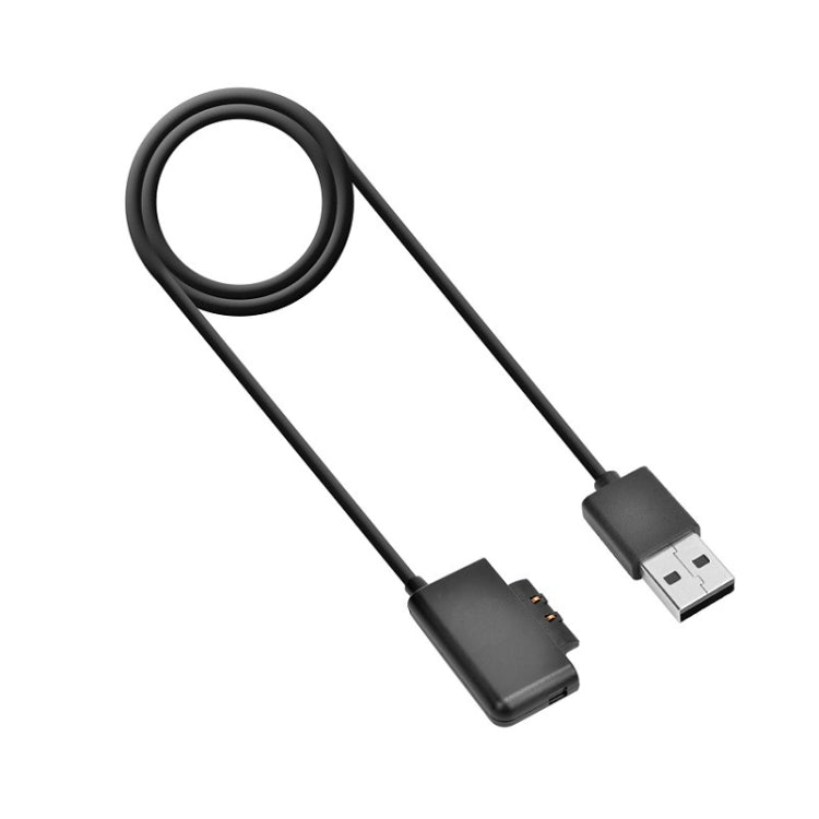 Black charging cable with USB-A plug and device connector, coiled cord