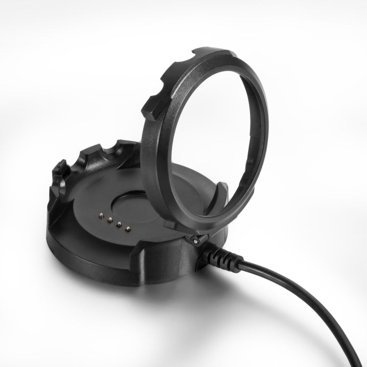 Black smartwatch charging dock cradle with two contact pins and cable