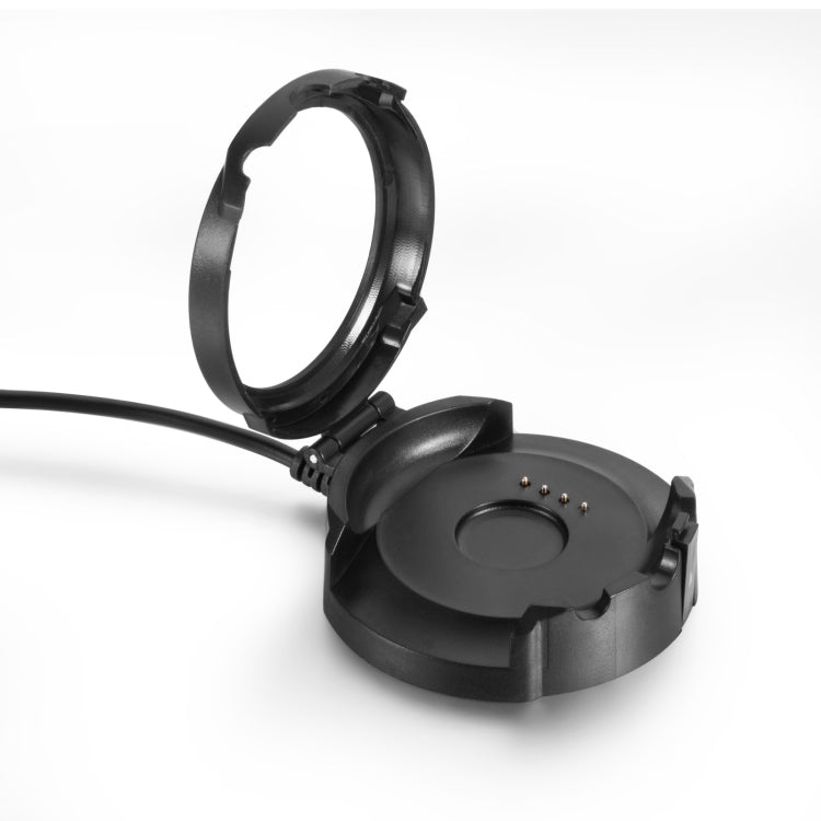 Black smartwatch charger base with circular cradle ring and connected cable
