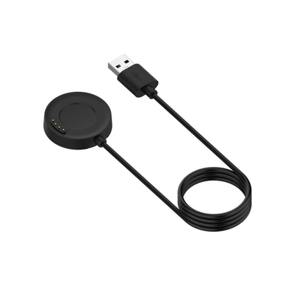 Black USB-A smartwatch charging cable with round magnetic dock and pin contacts.