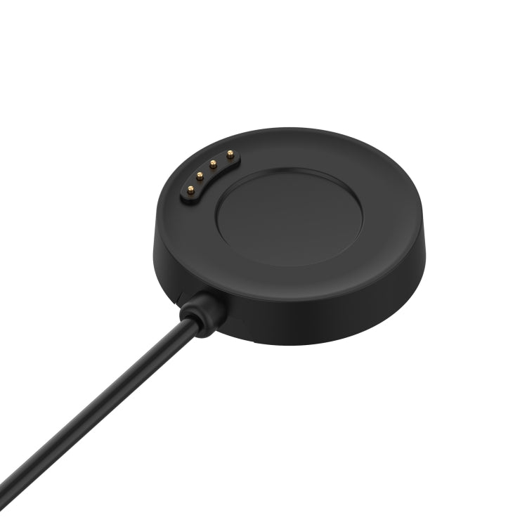 Black round charging dock with pin contacts for USB-A charging cable.