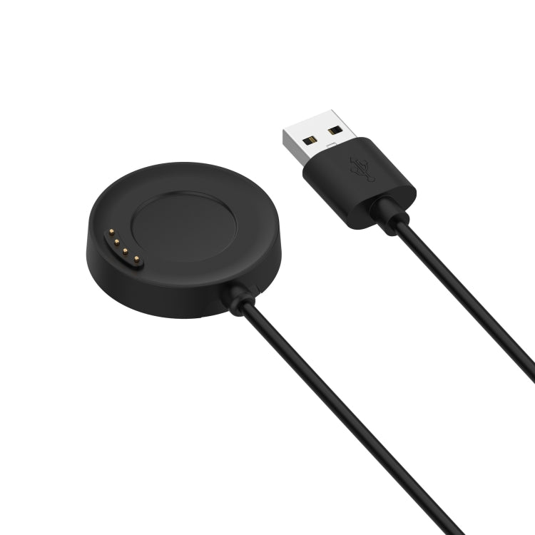 Black USB-A plug charging cable with round dock and pin contacts.