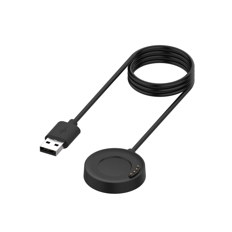 Black coiled USB charging cable with round dock and pin contacts.