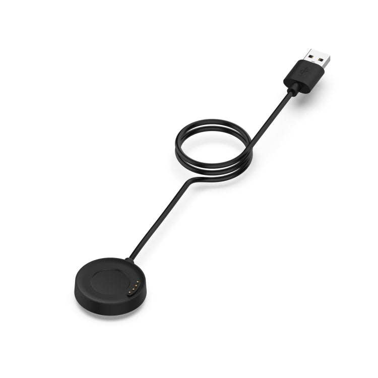Black USB-A charging cable with coiled wire and round charging dock.