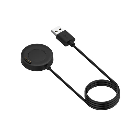 Black USB-A smartwatch charging cable with round magnetic dock and pin contacts.