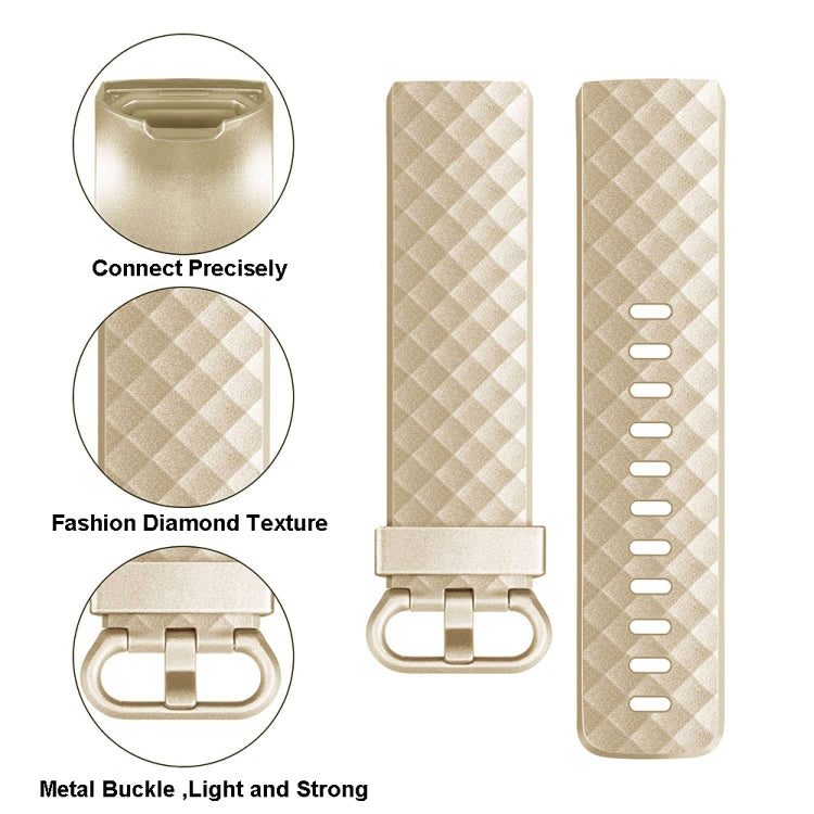 Champagne-gold metal watch strap with diamond texture and secure buckle for Fitbit Charge 3