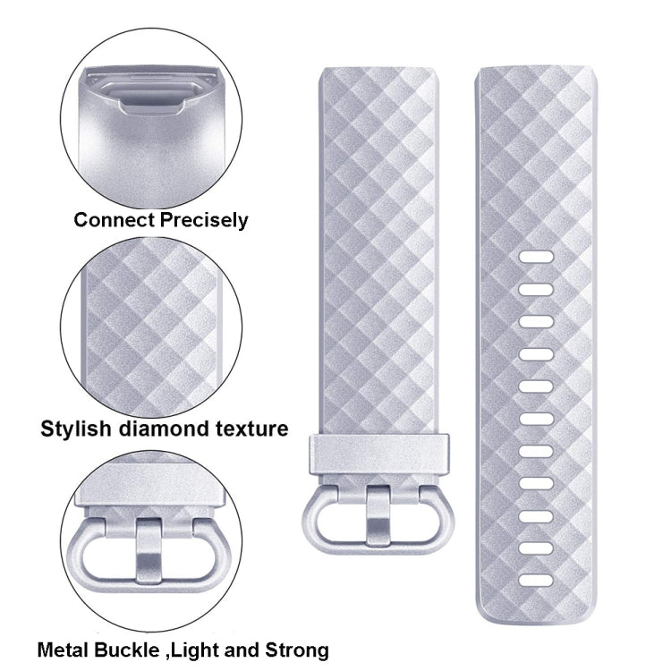 Silver metal watch strap with diamond texture and buckle for Fitbit Charge 3