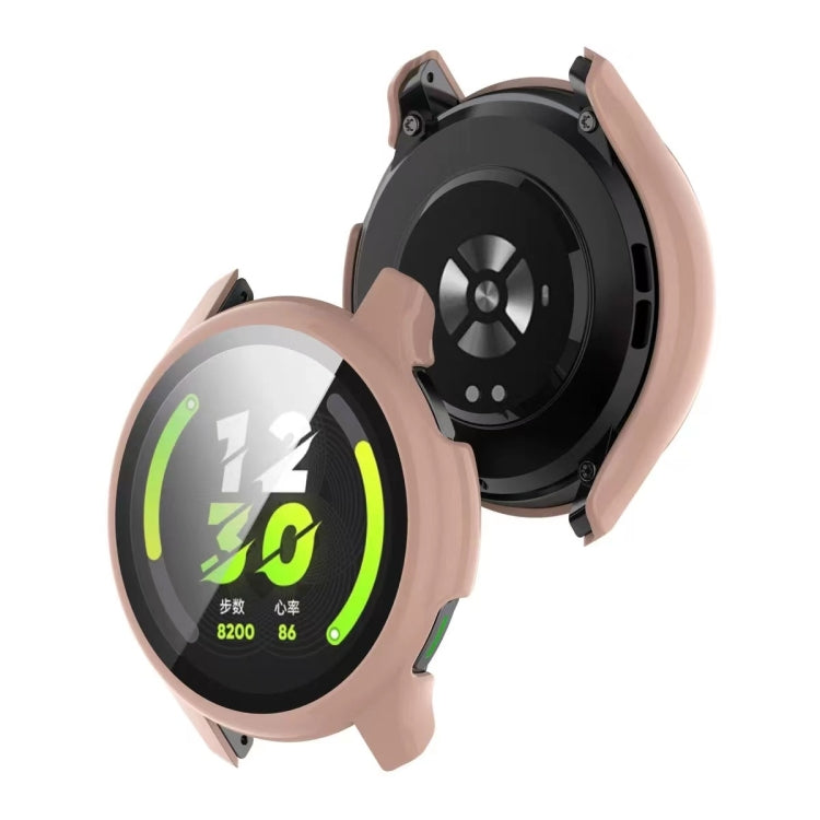 Pink tempered glass watch protective case on black smartwatch, protective bezel visible