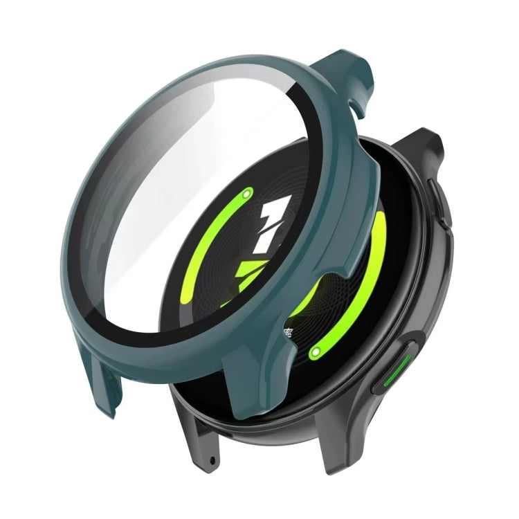 Teal tempered glass watch protective case with raised bezel and green edge accents
