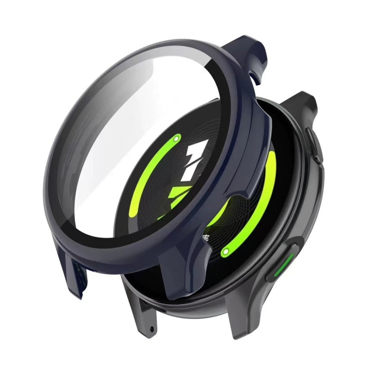 Dark blue tempered glass watch protective case with raised bezel and green edge accents