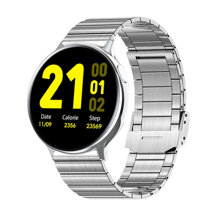 Silver steel smartwatch band with round TFT display and step/date style metrics
