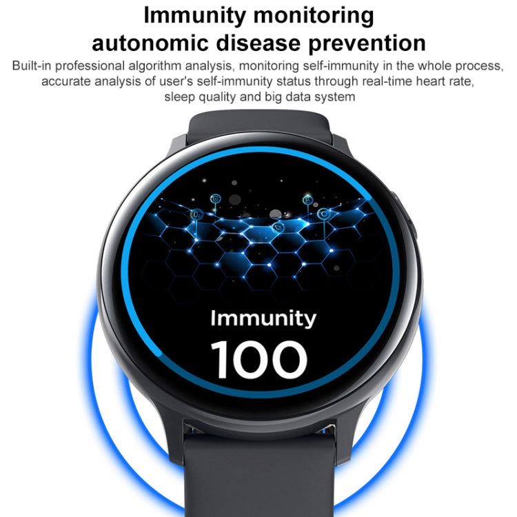 Black smart wristband with round TFT screen showing immunity 100